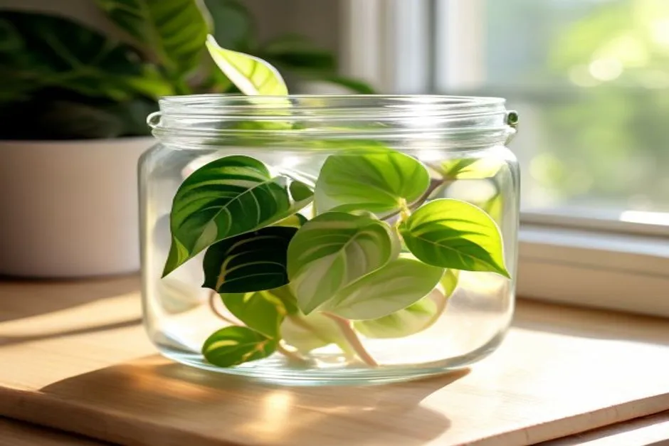 'N'Joy Pothos' in Glass Jar: Minimalist Desk Decor Ideas for Small Condos - No Soil Needed!