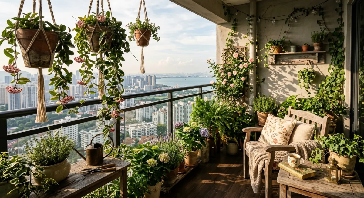 Cottagecore Romance: เปลี่ยนระเบียงคอนโดให้เป็นสวนชนบทสไตล์ Grandma Chic ด้วยโฮย่าและไม้ดอกฤดูกาล