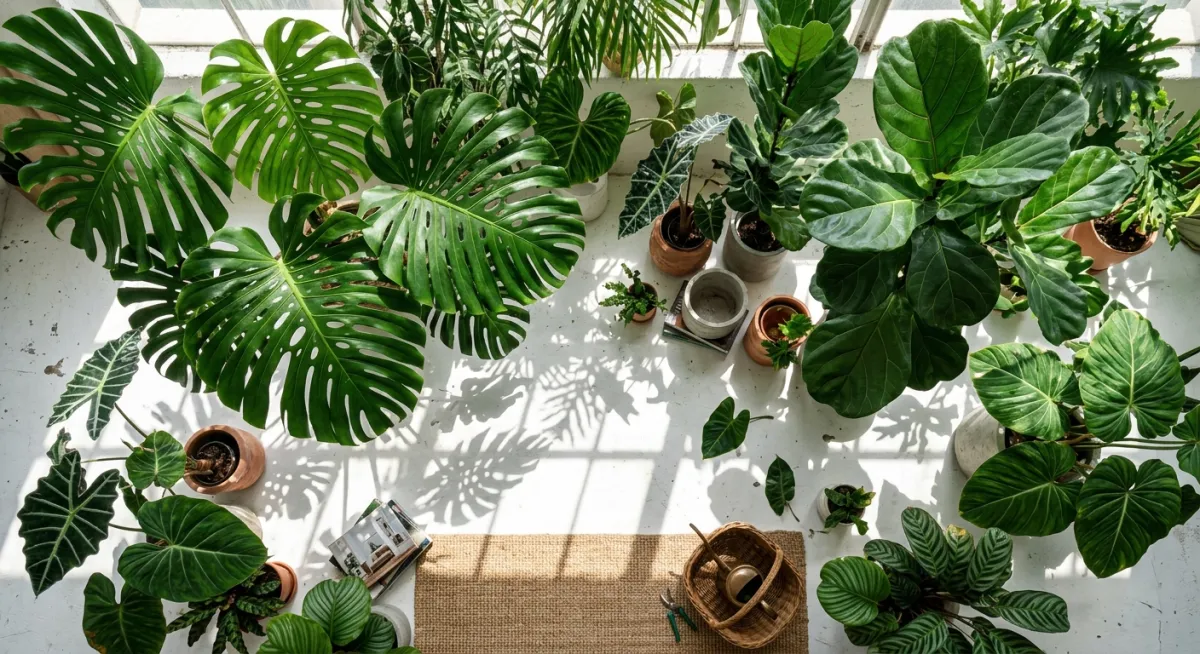 Maximalist Botanical Studio: ใช้ต้นไม้ฟอร์มใบโดดเด่นสร้างมิติแสงและเงา (Shadow Play) เพื่อเปลี่ยนสตูดิโอให้เป็นพื้นที่สร้างสรรค์และบำบัดความเครียด